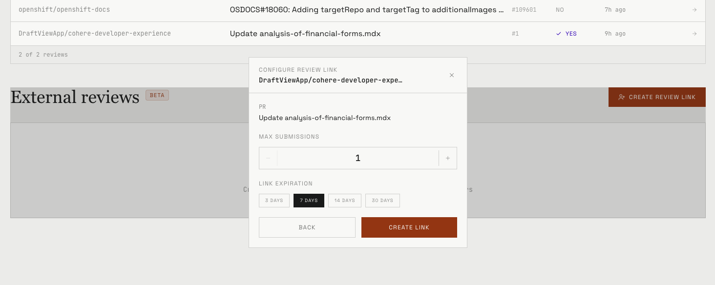 Configuring an External Review link in DraftView: select a PR, set submission cap and expiry