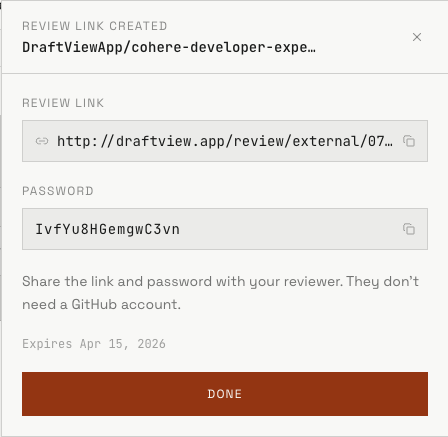 Writer's dashboard showing Review link created with link URL and generated password.