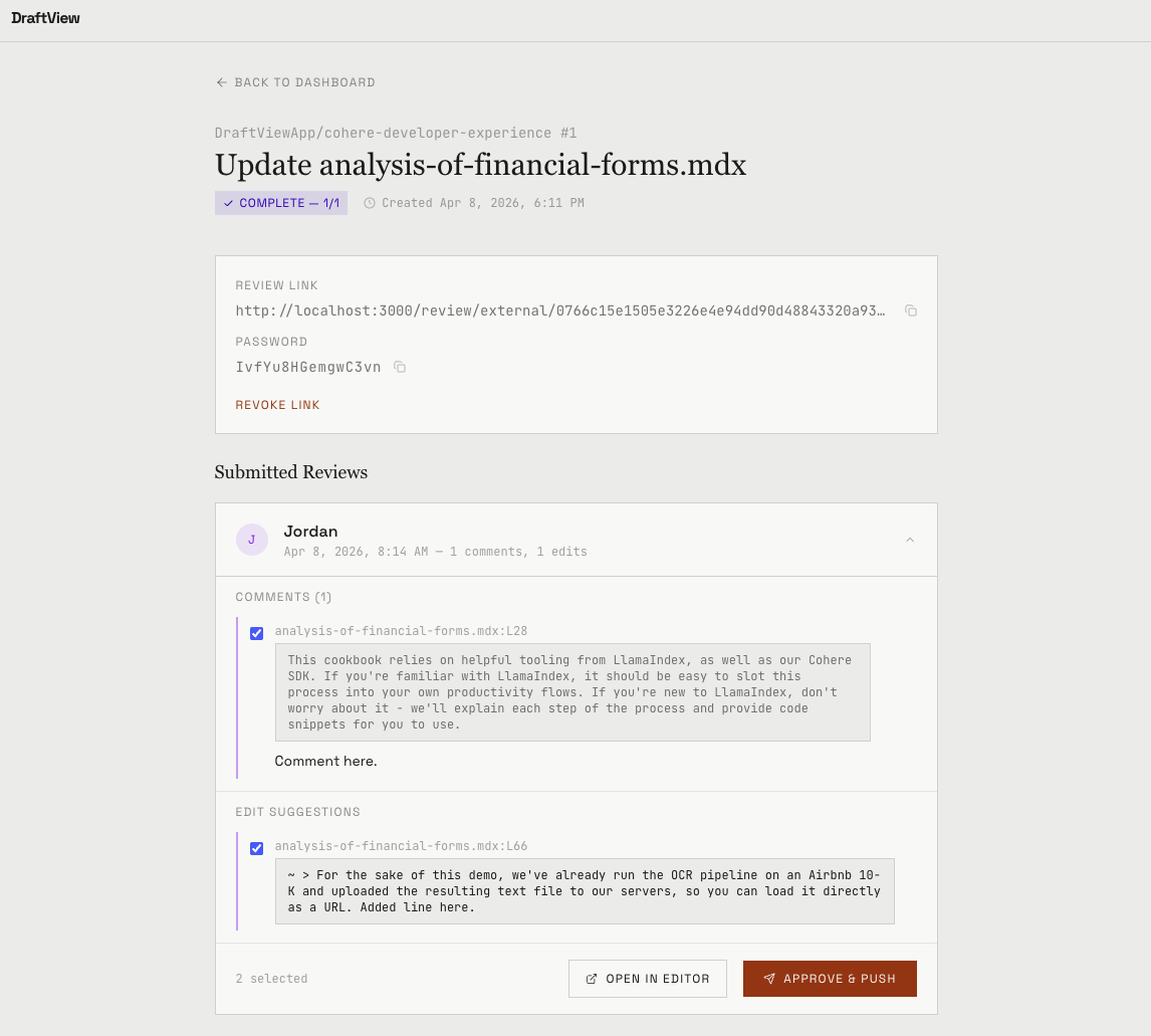 Writer's dashboard showing submitted external review with comments, edits, and Approve & Push action