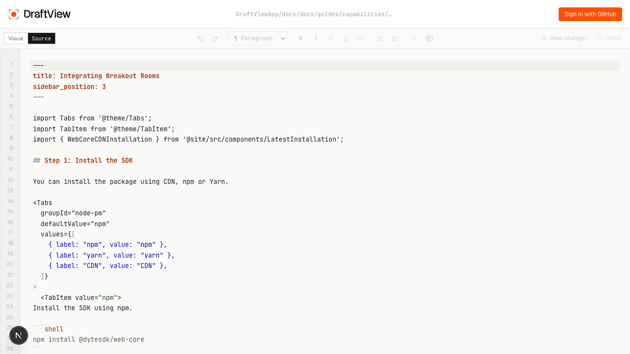 DraftView source editor showing the raw MDX content with syntax highlighting for frontmatter, JSX, headings, and code fences