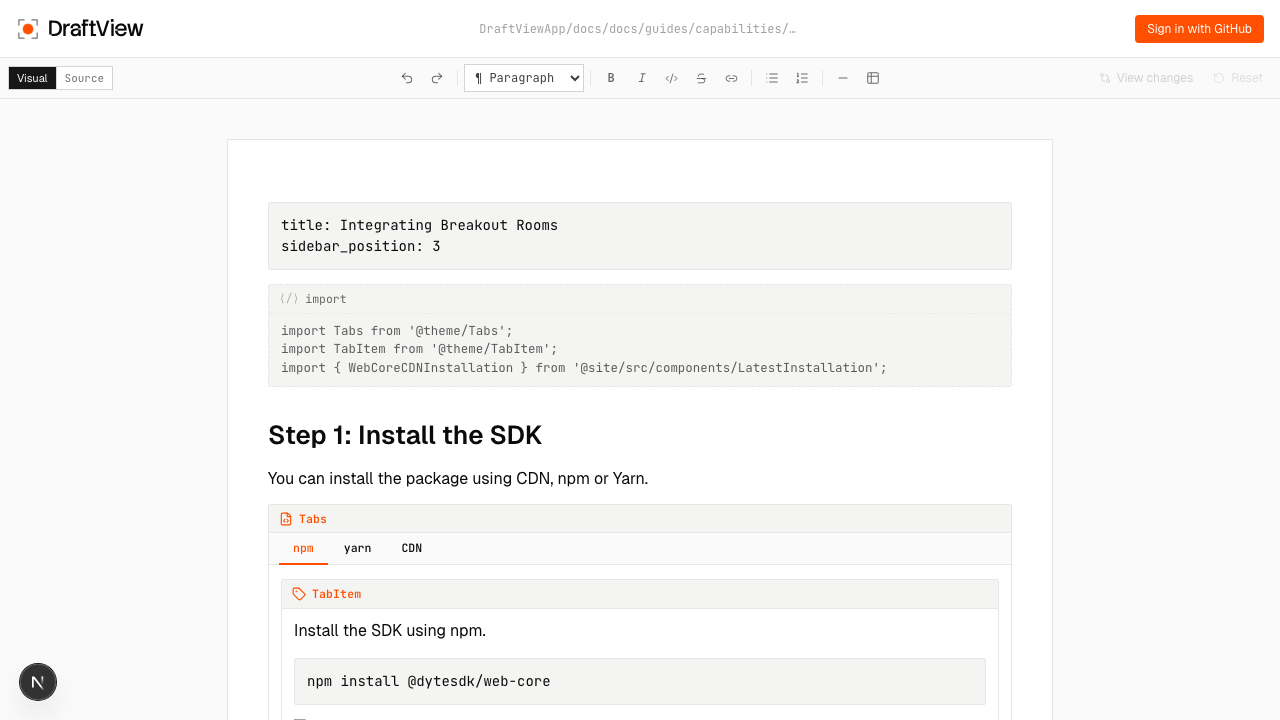 DraftView visual editor showing an MDX file with rendered Tabs component labeled npm, yarn, CDN and an editable TabItem body